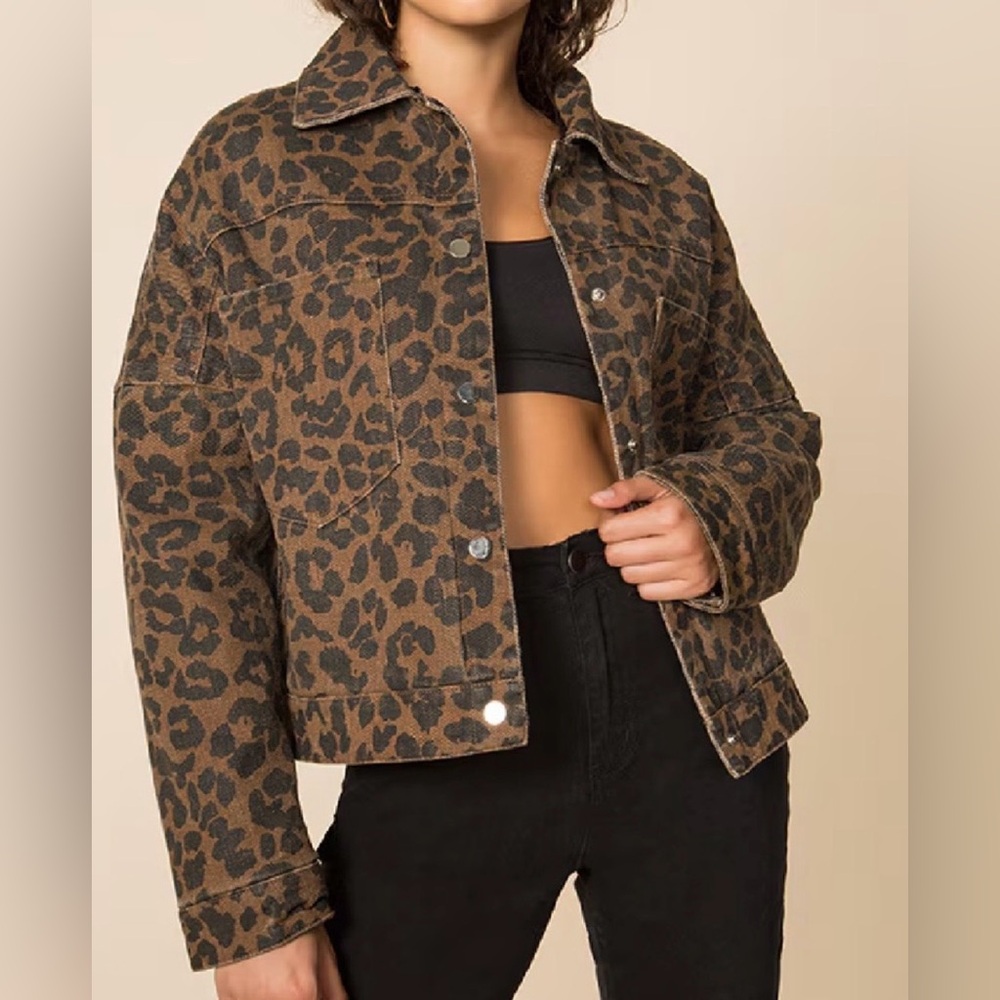 superdown Brown Leopard Print Jean Jacket with Bl… - image 2